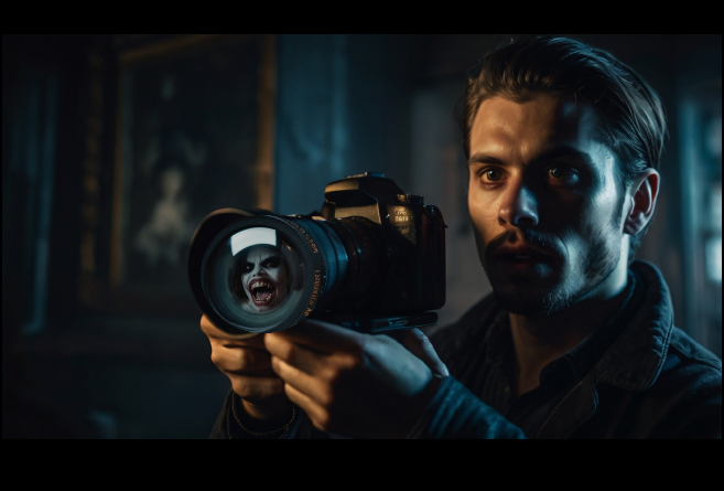 man holding a camera with a monster reflected in the lens